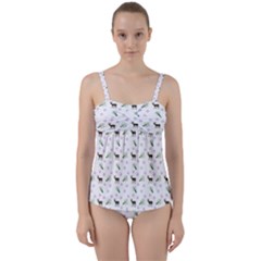 White Deer Pattern Twist Front Tankini Set