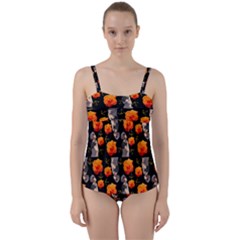 Girl With Roses And Anchors Black Twist Front Tankini Set