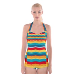 Retro Colors 60 Background Boyleg Halter Swimsuit  by Sapixe