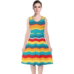 Retro Colors 60 Background V-neck Midi Sleeveless Dress  by Sapixe