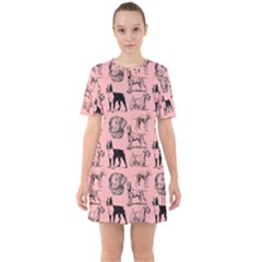 Dog Pattern Pink Sixties Short Sleeve Mini Dress