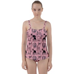 Dog Pattern Pink Twist Front Tankini Set