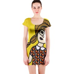 Girl With Popsicle Yellow Background Short Sleeve Bodycon Dress