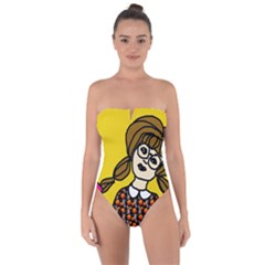 Girl With Popsicle Yellow Background Tie Back One Piece Swimsuit