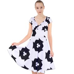 Black And White Pattern Cap Sleeve Front Wrap Midi Dress by Simbadda