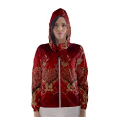 Wonderful Decorative Heart In Gold And Red Hooded Windbreaker (women) by FantasyWorld7