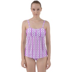 Circles Lines Light Pink White Pattern Twist Front Tankini Set by BrightVibesDesign