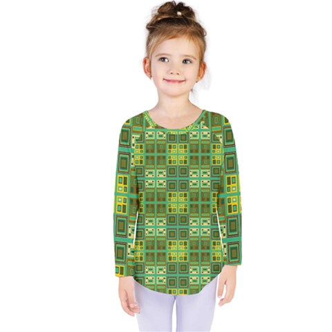 Mod Yellow Green Squares Pattern Kids  Long Sleeve Tee by BrightVibesDesign