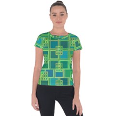 Green Abstract Geometric Short Sleeve Sports Top 