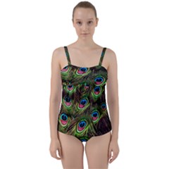 Peacock Feathers Color Plumage Twist Front Tankini Set by Celenk