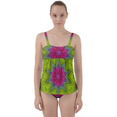 Green Pink Abstract Art Abstract Background Twist Front Tankini Set by Simbadda