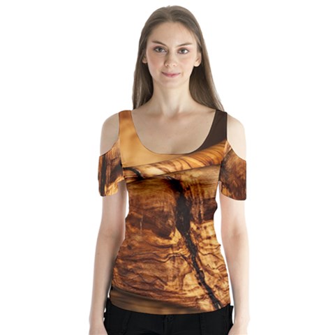 Olive Wood Wood Grain Structure Butterfly Sleeve Cutout Tee  by Sapixe