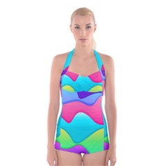 Lines Curves Colors Geometric Lines Boyleg Halter Swimsuit  by Sapixe