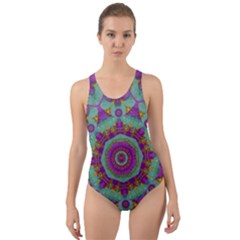 Water Garden Lotus Blossoms In Sacred Style Cut-out Back One Piece Swimsuit by pepitasart