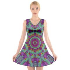 Water Garden Lotus Blossoms In Sacred Style V-neck Sleeveless Dress by pepitasart