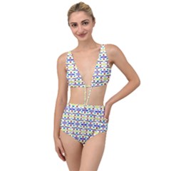 Retro Blue Yellow Brown Teal Dot Pattern Tied Up Two Piece Swimsuit by BrightVibesDesign