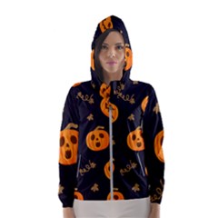Funny Scary Black Orange Halloween Pumpkins Pattern Hooded Windbreaker (women) by HalloweenParty