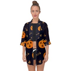 Funny Scary Black Orange Halloween Pumpkins Pattern Open Front Chiffon Kimono by HalloweenParty
