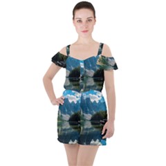 Landscape-1 Ruffle Cut Out Chiffon Playsuit by ArtworkByPatrick