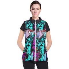 Graffiti Woman And Monsters Turquoise Cyan And Purple Bright Urban Art With Stars Women s Puffer Vest by genx
