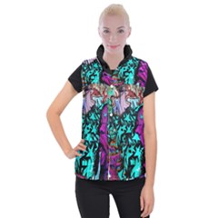 Graffiti Woman And Monsters Turquoise Cyan And Purple Bright Urban Art With Stars Women s Button Up Vest by genx