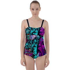 Graffiti Woman And Monsters Turquoise Cyan And Purple Bright Urban Art With Stars Twist Front Tankini Set by genx