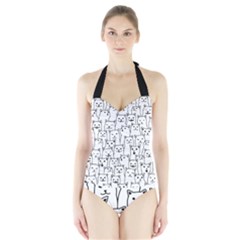Funny Cat Pattern Organic Style Minimalist On White Background Halter Swimsuit by genx