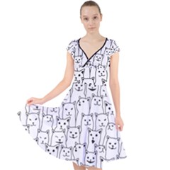 Funny Cat Pattern Organic Style Minimalist On White Background Cap Sleeve Front Wrap Midi Dress by genx