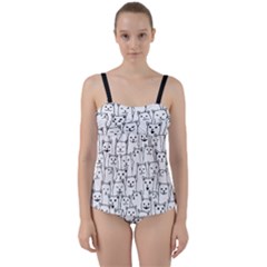 Funny Cat Pattern Organic Style Minimalist On White Background Twist Front Tankini Set by genx