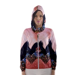Wonderful Crow With Flowers On Red Vintage Dsign Hooded Windbreaker (women) by FantasyWorld7