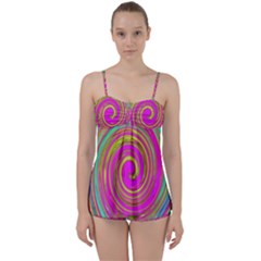 Groovy Abstract Pink, Turquoise And Yellow Swirl Babydoll Tankini Set by myrubiogarden