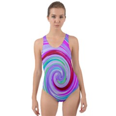 Groovy Abstract Red Swirl On Purple And Pink Cut-out Back One Piece Swimsuit by myrubiogarden