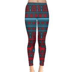 Light Blue & Red Aztec Deer Xmas Pajamas Leggings  by PattyVilleDesigns