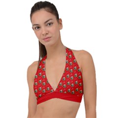 Trump Wrait Pattern Make Christmas Great Again Maga Funny Red Gift With Snowflakes And Trump Face Smiling Halter Plunge Bikini Top by snek
