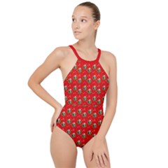 Trump Wrait Pattern Make Christmas Great Again Maga Funny Red Gift With Snowflakes And Trump Face Smiling High Neck One Piece Swimsuit by snek
