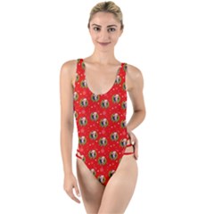 Trump Wrait Pattern Make Christmas Great Again Maga Funny Red Gift With Snowflakes And Trump Face Smiling High Leg Strappy Swimsuit by snek