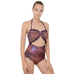 Cosmic Astronomy Sky With Stars Orange Brown And Yellow Scallop Top Cut Out Swimsuit by genx