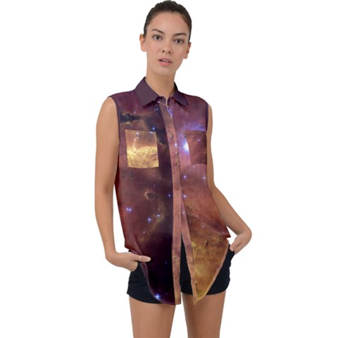 Cosmic Astronomy Sky With Stars Orange Brown And Yellow Sleeveless Chiffon Button Shirt by genx