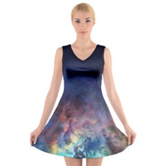 Lagoon Nebula Interstellar Cloud Pastel Pink, Turquoise And Yellow Stars V-neck Sleeveless Dress by genx