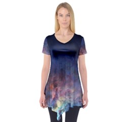 Lagoon Nebula Interstellar Cloud Pastel Pink, Turquoise And Yellow Stars Short Sleeve Tunic  by genx