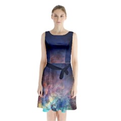 Lagoon Nebula Interstellar Cloud Pastel Pink, Turquoise And Yellow Stars Sleeveless Waist Tie Chiffon Dress by genx