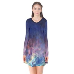 Lagoon Nebula Interstellar Cloud Pastel Pink, Turquoise And Yellow Stars Long Sleeve V-neck Flare Dress by genx