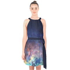 Lagoon Nebula Interstellar Cloud Pastel Pink, Turquoise And Yellow Stars Halter Collar Waist Tie Chiffon Dress by genx