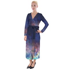 Lagoon Nebula Interstellar Cloud Pastel Pink, Turquoise And Yellow Stars Velvet Maxi Wrap Dress by genx