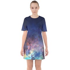 Lagoon Nebula Interstellar Cloud Pastel Pink, Turquoise And Yellow Stars Sixties Short Sleeve Mini Dress by genx