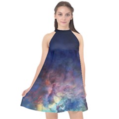 Lagoon Nebula Interstellar Cloud Pastel Pink, Turquoise And Yellow Stars Halter Neckline Chiffon Dress  by genx