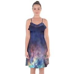 Lagoon Nebula Interstellar Cloud Pastel Pink, Turquoise And Yellow Stars Ruffle Detail Chiffon Dress by genx