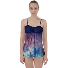 Lagoon Nebula Interstellar Cloud Pastel Pink, Turquoise And Yellow Stars Babydoll Tankini Set by genx