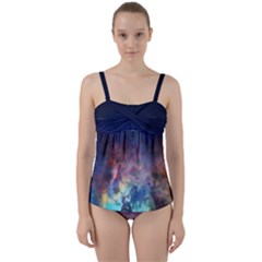 Lagoon Nebula Interstellar Cloud Pastel Pink, Turquoise And Yellow Stars Twist Front Tankini Set by genx