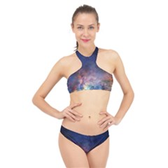 Lagoon Nebula Interstellar Cloud Pastel Pink, Turquoise And Yellow Stars High Neck Bikini Set by genx